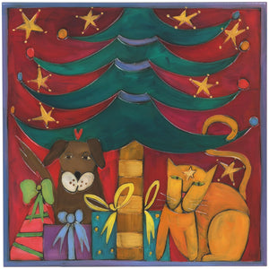 Sticks handmade wall plaque with Christmas tree and presents theme, a cat and a dog