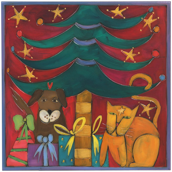 Sticks handmade wall plaque with Christmas tree and presents theme, a cat and a dog