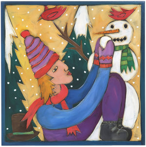 10"x10" Plaque –  Holiday plaque with snowman, cardinals and snowballs