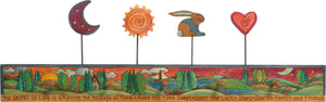 Sticks handmade coat rack with colorful rolling landscape and folk art finials