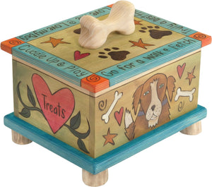Pet Treat Box – Colorful and playful dog treat box with "treats" in hearts and pups on the sides