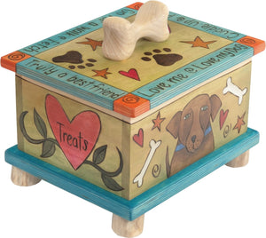 Pet Treat Box – Colorful and playful dog treat box with "treats" in hearts and pups on the sides