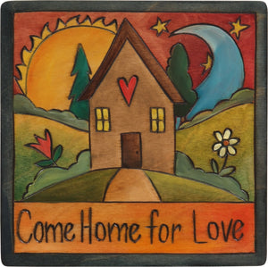 Sticks handmade wall plaque with "Come Home for Love" quote and sun and moon landscape