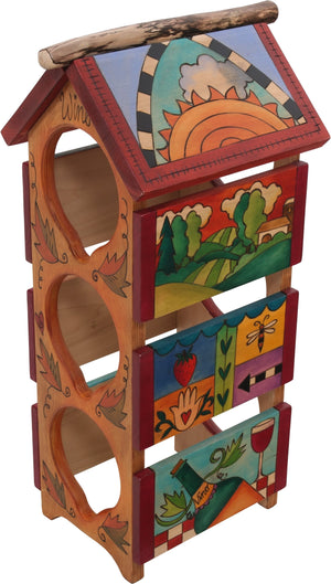 Sticks handmade wine rack with colorful landscape and folk art imagery