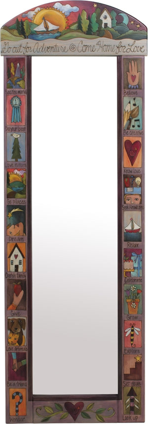Wardrobe Mirror –  "Go Out for Adventure/Come Home for Love" mirror with sun and moon over a cozy cottage in the hills motif