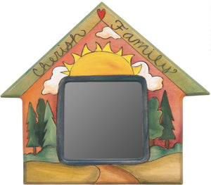 House Shaped Mirror –  "Cherish Family" house-shaped mirror with warm sunset over the woods motif