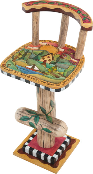 Stool with Back –  "Go Out for Adventure/Come Home for Love" stool with back with sun setting over a cozy cottage nestled in the hills motif
