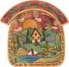 Stool with Back –  "Go Out for Adventure/Come Home for Love" stool with back with sun setting over a cozy cottage nestled in the hills motif