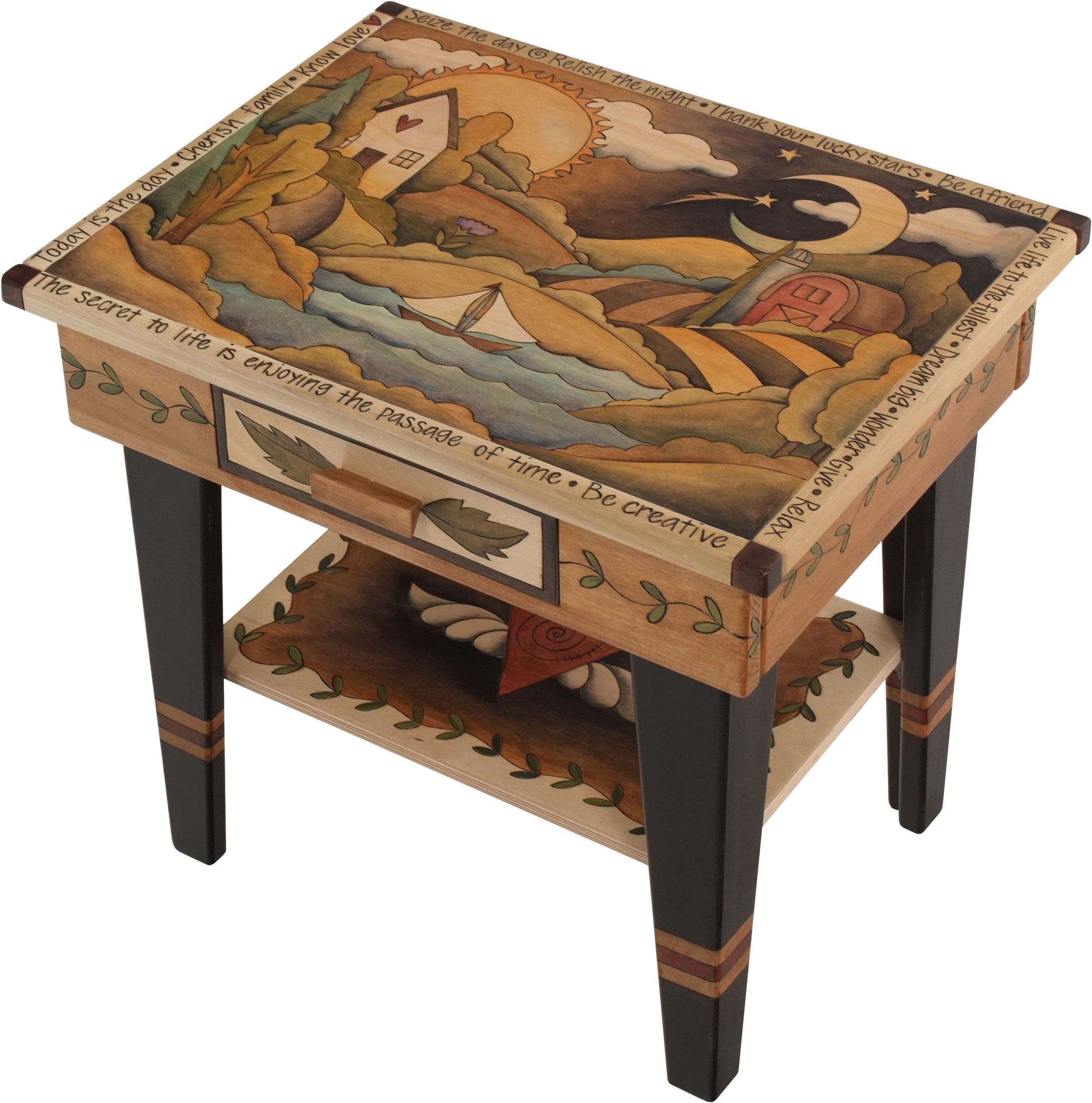 Nightstand with Open Shelf –  Beautiful neutral and birch nightstand with rolling landscape, sun and moon, and vine motifs