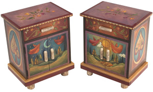 Nightstand Cabinet Set – Beautiful, rich landscape nightstand theme with floral accents including flower filled spades on each side main view