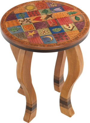 Round End Table –  Natural little table with colorful block icons and patterns