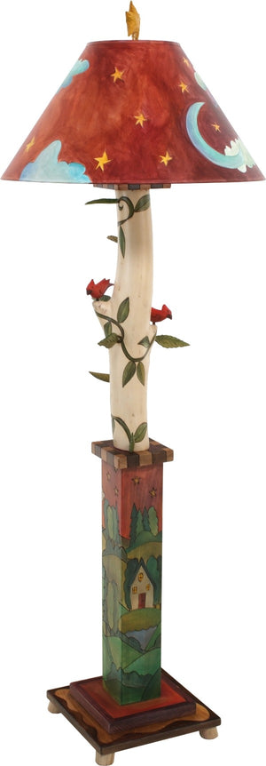 Box and Log Floor Lamp –  Creative folk art floor lamp with eclectic bird and leaf elements