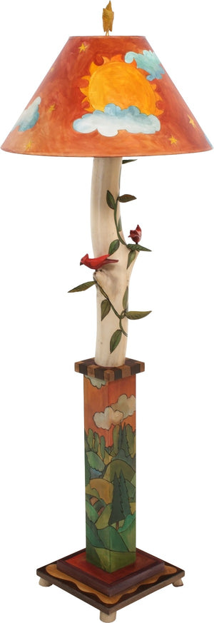 Box and Log Floor Lamp –  Creative folk art floor lamp with eclectic bird and leaf elements