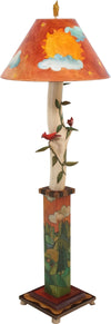 Box and Log Floor Lamp –  Creative folk art floor lamp with eclectic bird and leaf elements