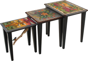 Nesting Table Set –  "Seize the Day/Relish the Night" nesting table set with sun and moon over the rolling hills motif