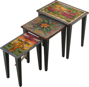 Nesting Table Set –  "Seize the Day/Relish the Night" nesting table set with sun and moon over the rolling hills motif