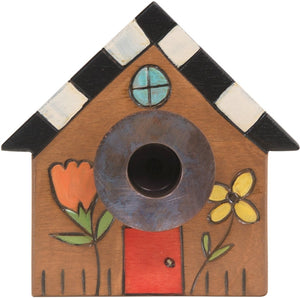 House-Shaped Candle Holder –  House-shaped candle holder with black and white checkered roof and flowers 