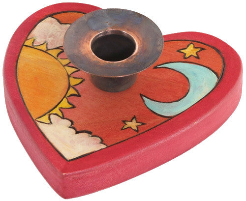 Sticks handmade candle holder heart shaped with sun and moon