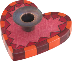 Heart-Shaped Candle Holder –  Heart-shaped candle holder with orange and red checkered border