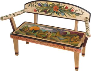 Loveseat –  Ornate loveseat bench with landscape painting, sun and moon and floral motifs