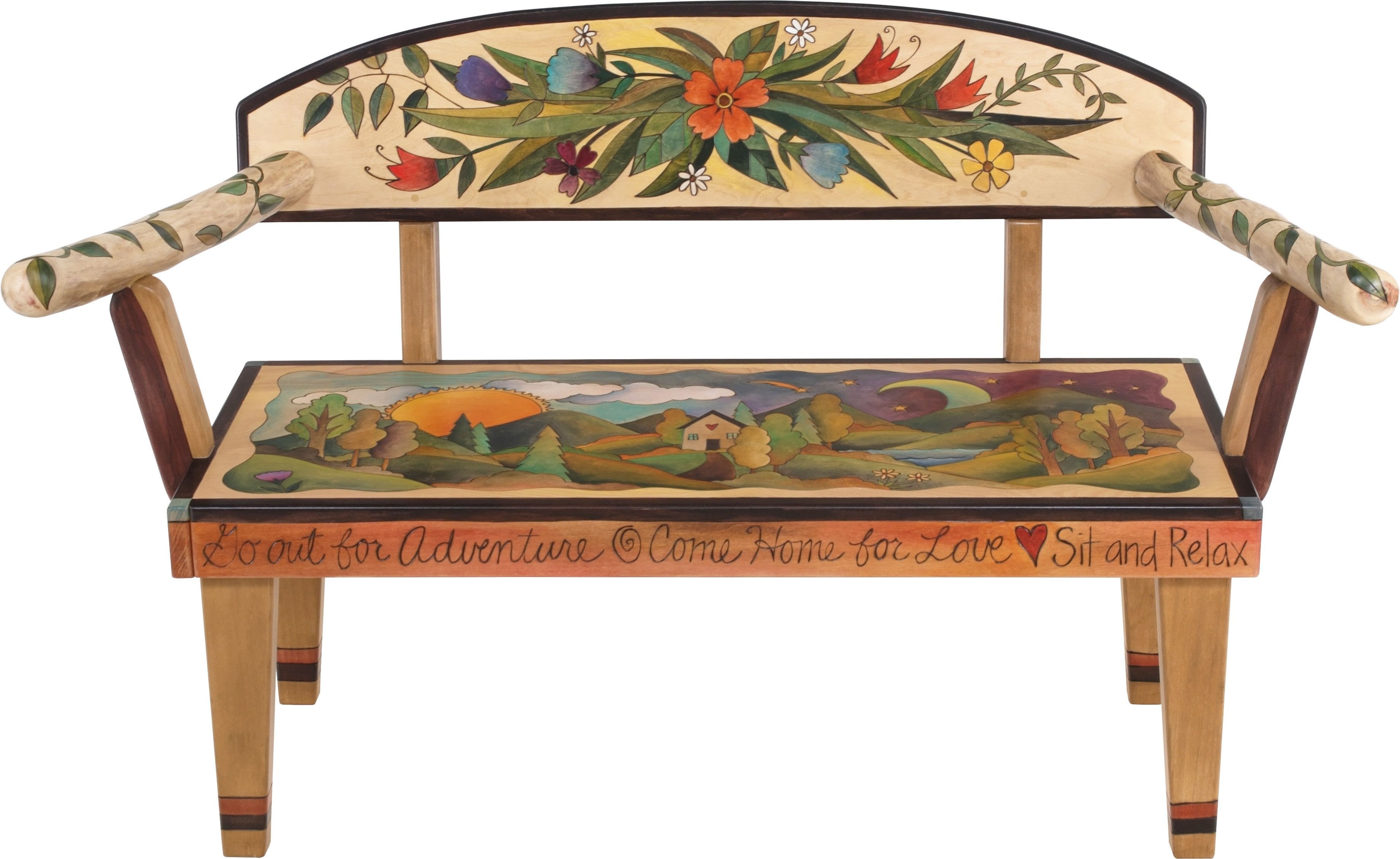 Loveseat –  Ornate loveseat bench with landscape painting, sun and moon and floral motifs