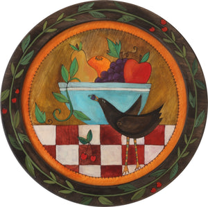 Sticks handmade tray with bowl of fruit and a bird with berries