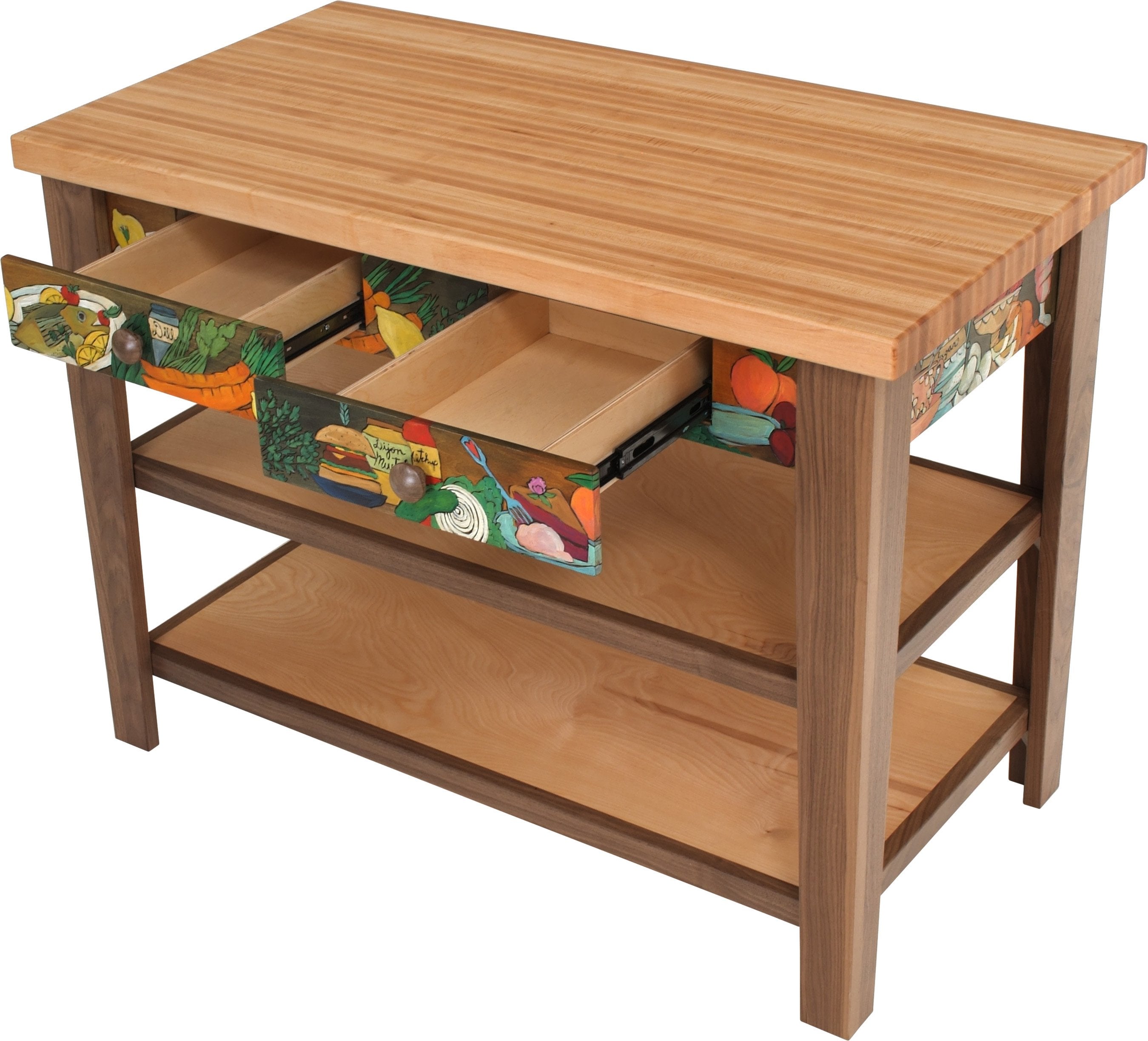 Kitchen Island –  Colorful and beautiful kitchen island with meal and drink motifs and two drawers for storage