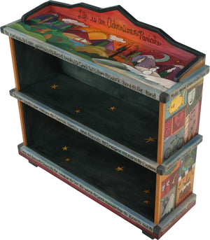 Short Bookcase –  "Life is an Adventure/Partake" bookcase with warm sun setting over the changing four seasons motif