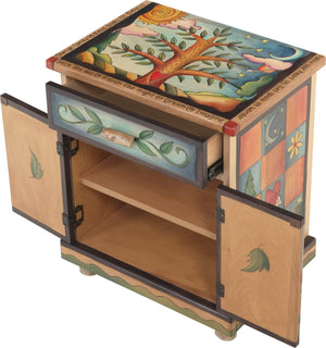 Sticks handmade nightstand with tree of life and colorful landscape and block imagery