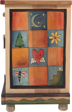 Sticks handmade nightstand with tree of life and colorful landscape and block imagery