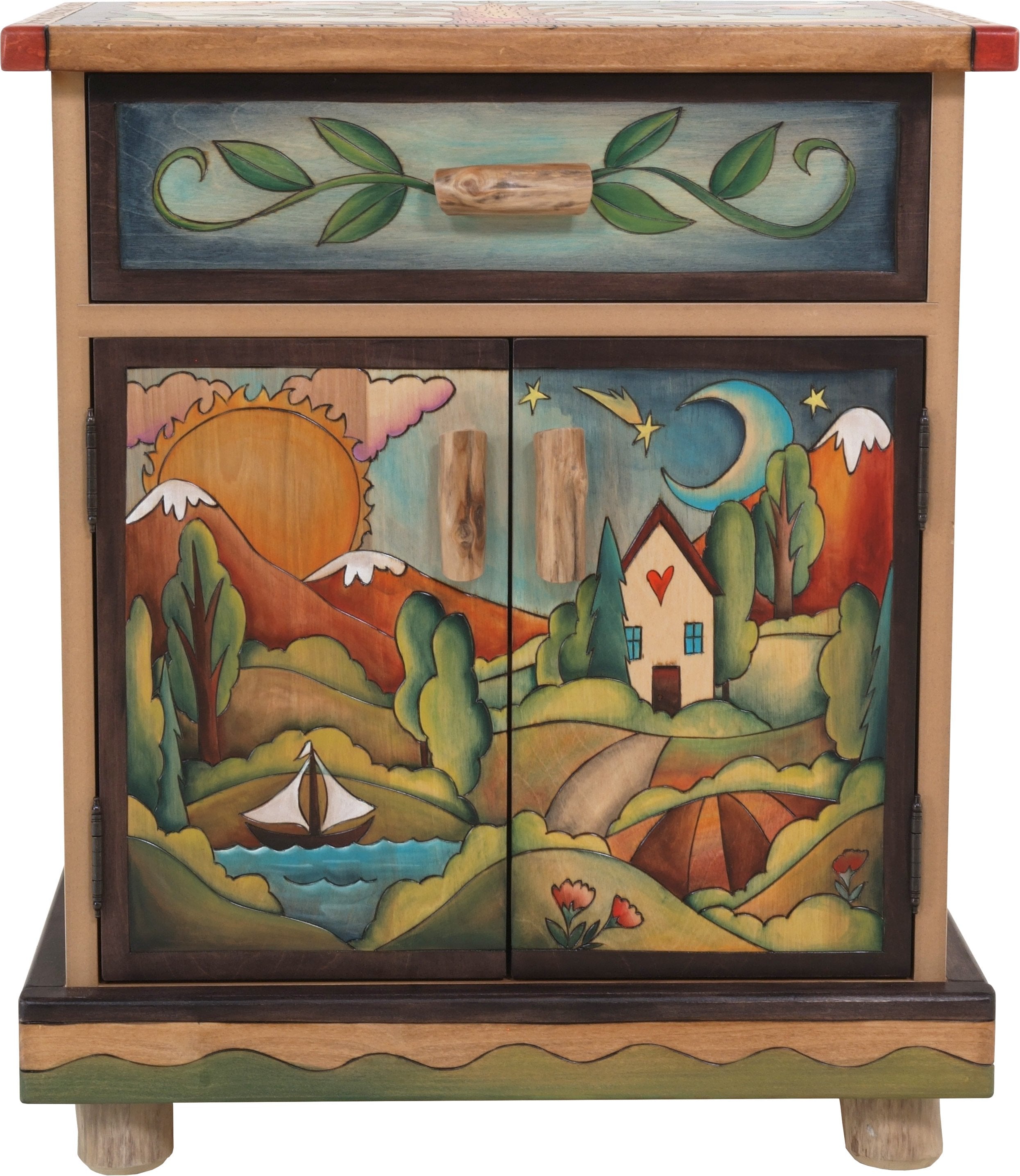 Sticks handmade nightstand with tree of life and colorful landscape and block imagery