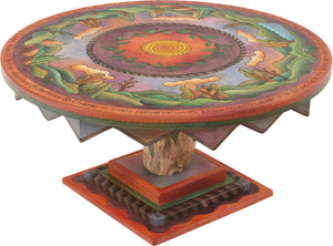 Round Coffee Table –  "Live Life to the Fullest Every Day" round coffee table with beautiful rolling hills around the sun motif