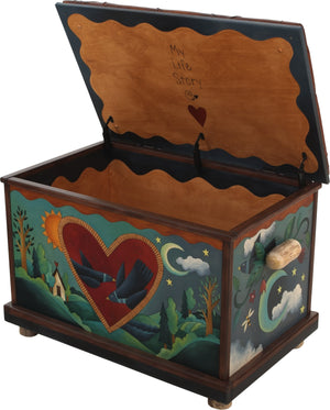 Chest with Leather Top –  "My Life Story" chest with leather top with heart, sun and moon motif
