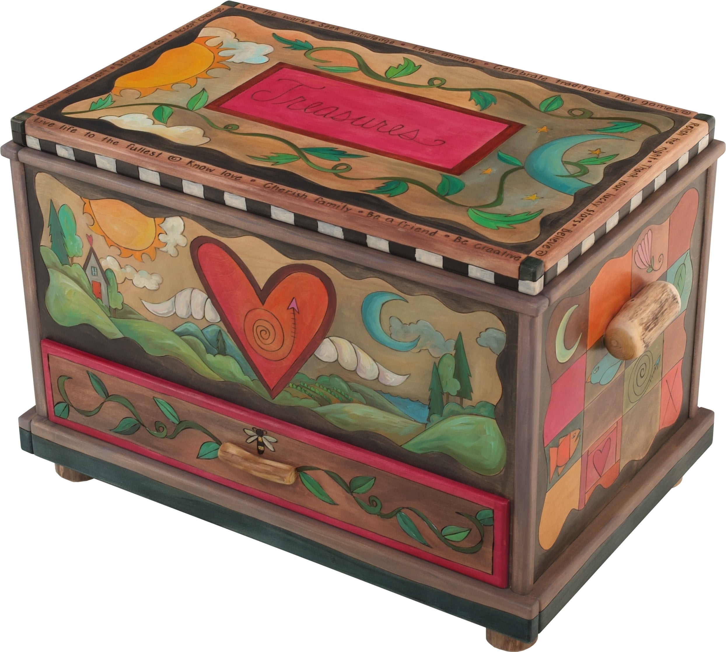 Chest with Drawer – Beautiful heart with wings floating in a landscape with a twisting vine on its lid and patchwork motifs on the sides main view