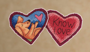 Know Love Stitch Kit Ornament –  "Know love" puppy dog themed heart shaped ornament