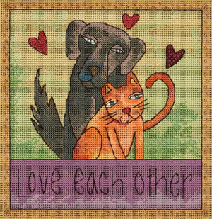 "Love each other" stitch kit with cute cat and dog best friend duo