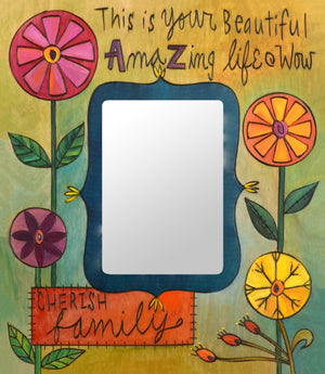 "Sarah's Garden" Picture Frame – Lovely artisan printed picture frame with floral motifs, "Cherish Family" front view