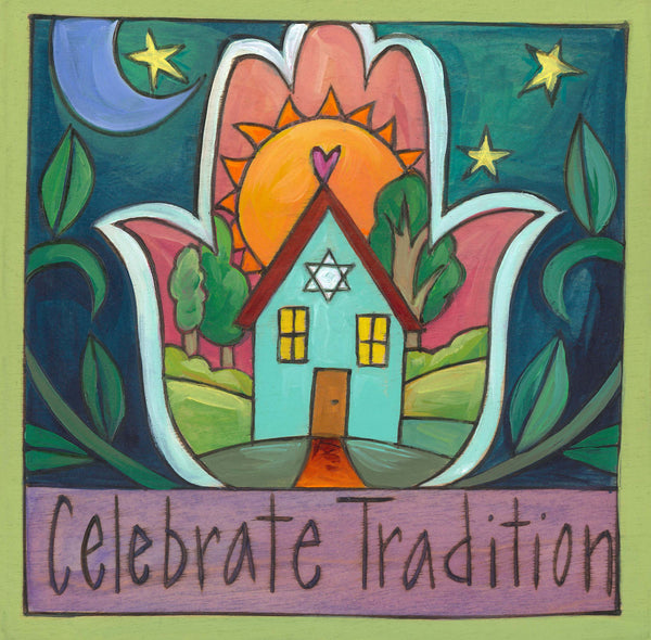 "Shalom Home" Plaque – "Celebrate tradition" Judaica plaque with a home landscape scene within a hand outline