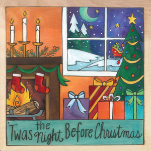 "Silent Night" Plaque – "'Twas the Night Before Christmas" plaque with stockings on the fireplace and presents under the Christmas tree motif front view