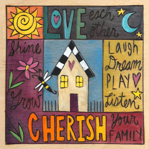 "Sweet Susannah" Plaque – Colorful and bright artisan printed plaque with block icons and inspirational phrases front view