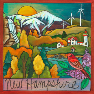 "The Granite State" Plaque – Beautiful fall foliage New Hampshire landscape plaque with the White Mountains and state bird and flower in the corner