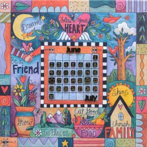 "This Sweet Life" Perpetual Calendar – Cute "follow your heart" floating icon and crazy quilt mashup motif on a canvas calendar front view