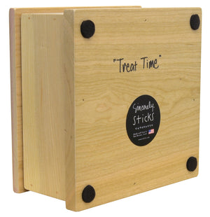 "Treat Time" Dog Treat Box – Dogs of all shapes and sizes are scattered around this box design back view