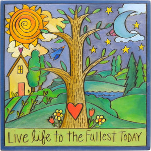 "Tree of Life" Plaque – "Live life to the fullest today" with a traditional Sticks tree of life nestled in a landscape motif front view