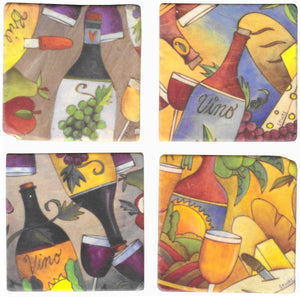 Wine Marble Magnet Set – Colorful wine themed magnet set with wine bottles and coordinating foods motif