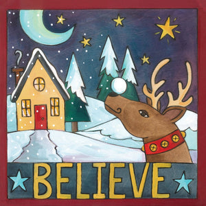 "Up on the Rooftop" Plaque – Adorable artisan printed plaque with holiday and winter scene motifs, "Believe" front view