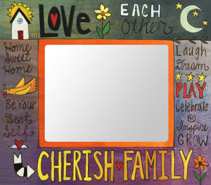"What a Family Means" Picture Frame – "Love Each Other" frame with sun, moon and home motif front view