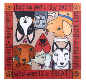 "What's Your Trick?" Dog Treat Box – A dog themed word border surrounds furry friends looking for treats top view