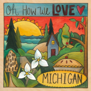 "Where the Trillium Grows" Plaque – "Oh How We Love Michigan" plaque with warm sun over the lake motif front view