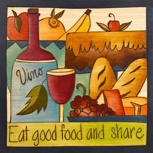 "With a Cherry on Top" Plaque – "Eat Good Food and Share" plaque with smooth wine and tasty treats motif front view